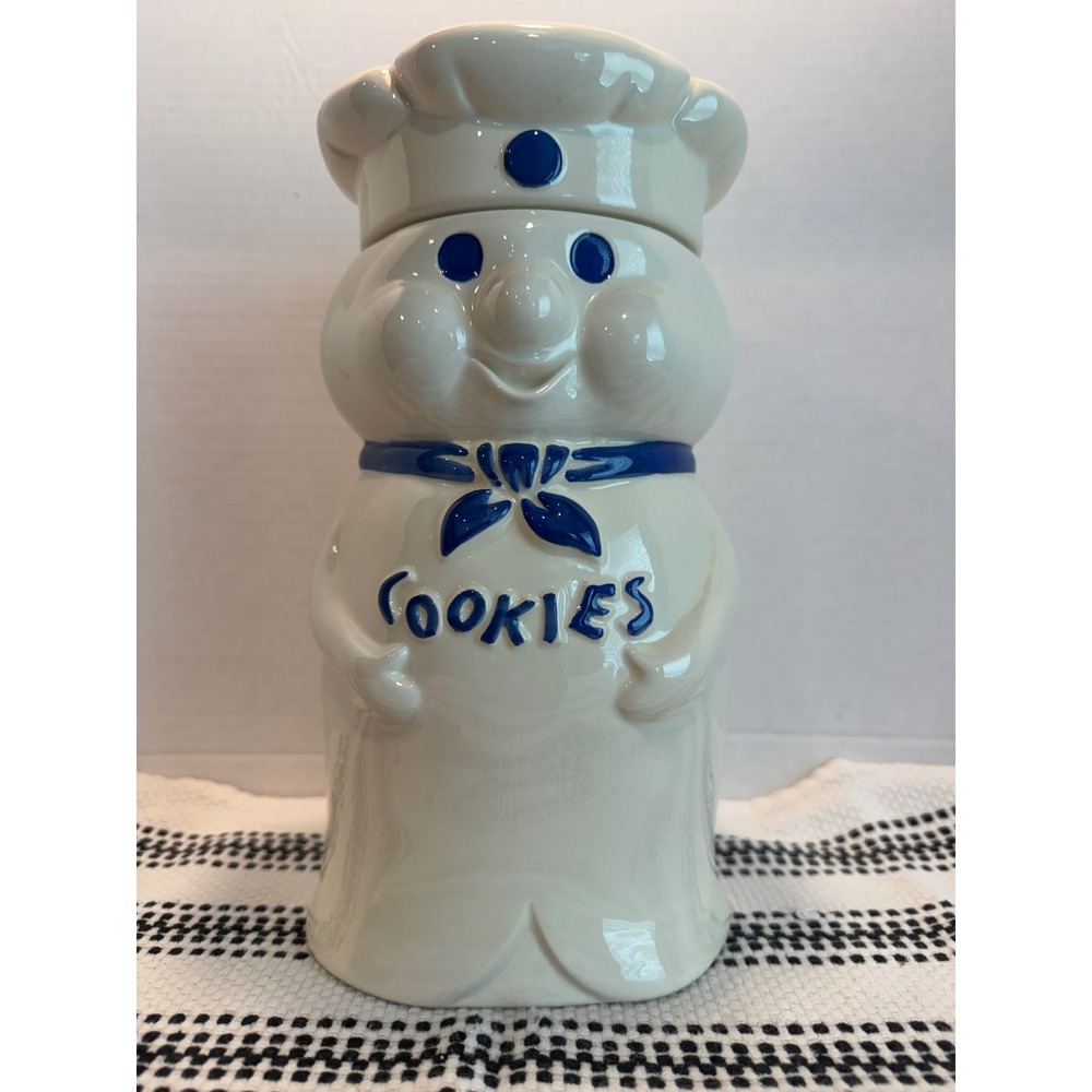 Vintage Pillsbury Doughboy Ceramic Cookie Jar Poppin Fresh White Blue Retro RARE